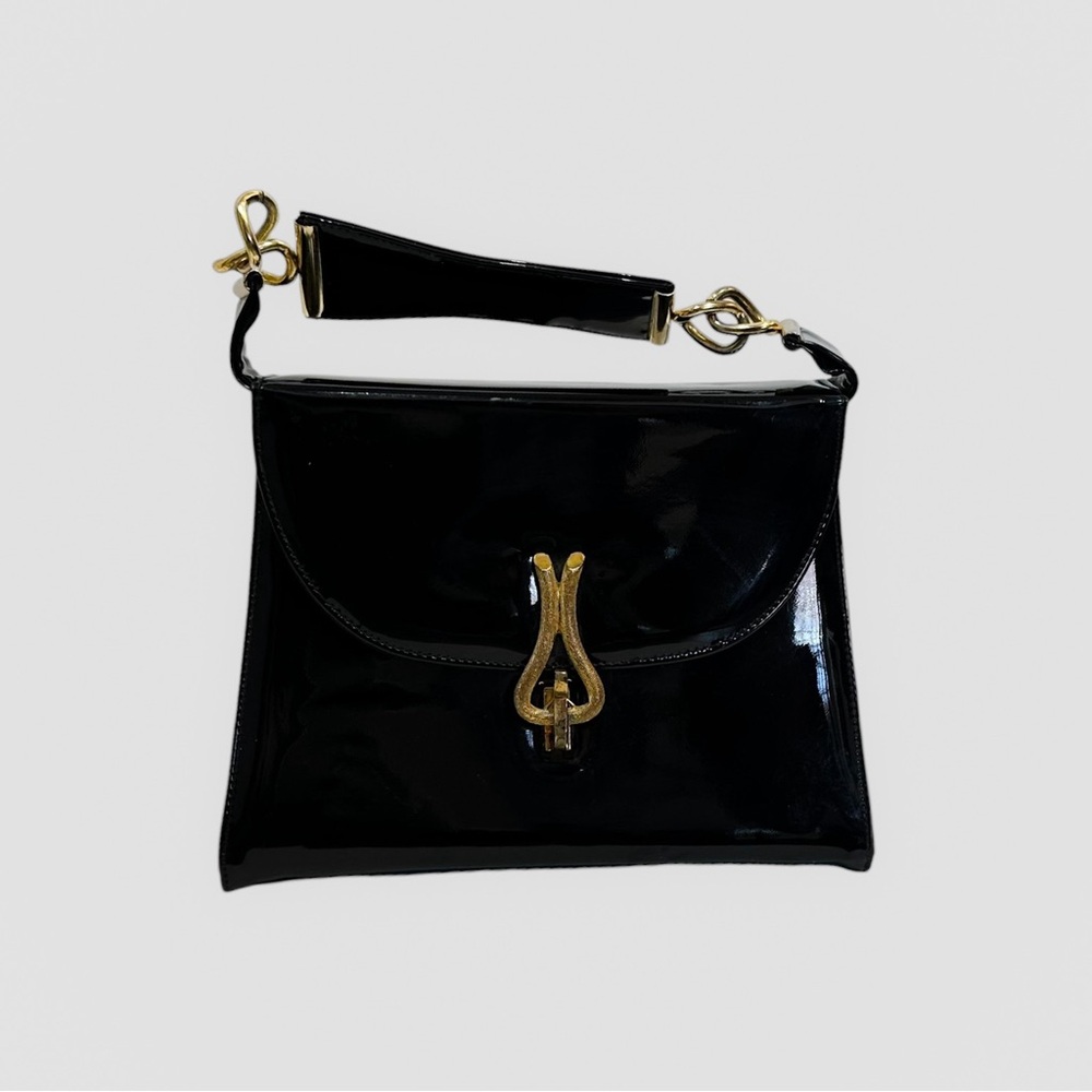 Vintage Original by Caprice Handbag Purse Black Patent Gold Hardware Retro